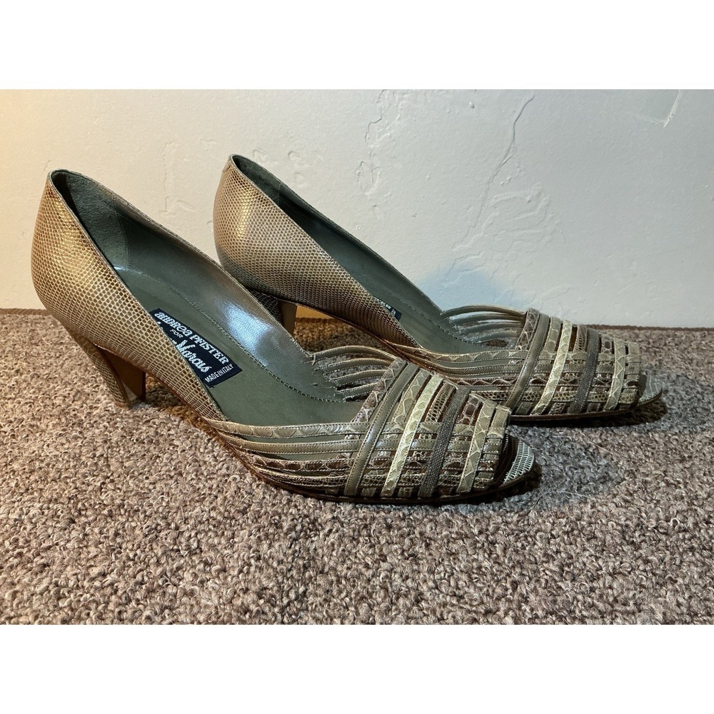 Andrea Pfister Olive Green‎ Mock Snake Skin Open Toe Heels 8 Italian VINTAGE